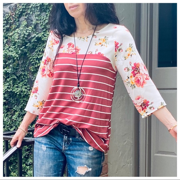 PRETTY STRIPED FLORAL TUNIC TOP - Picture 6 of 16